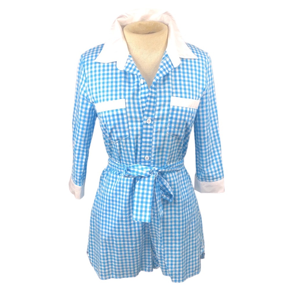 Shy Land Blue Gingham Romper Sz Small (4) with coordinating belt